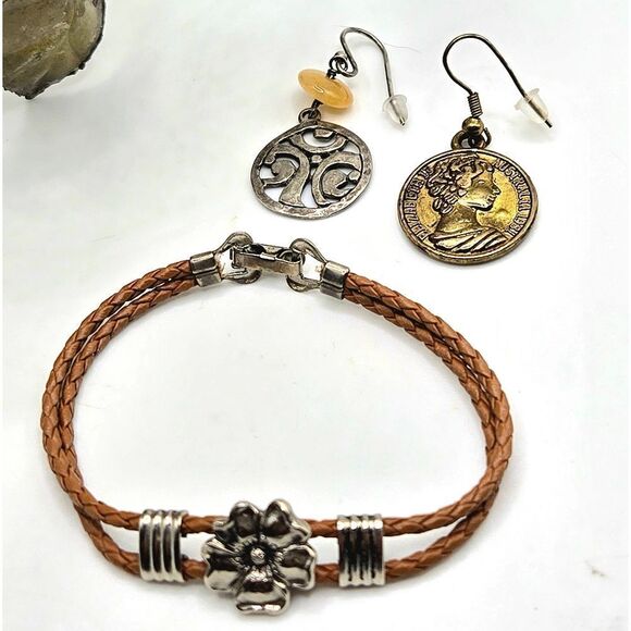 "5/$25" Small Leather Flower Bracelet & Mismatched Coin Disc Dangle Earrings - Picture 1 of 14